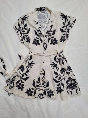 Zara Linen Blend Cream Dress with Black Floral Print